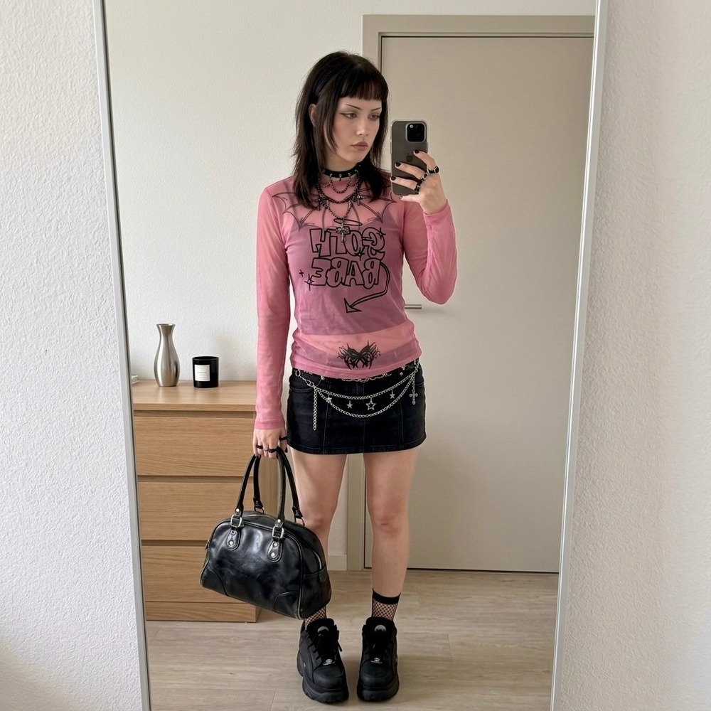 y2k Goth Pink Sheer‎ Mesh Top M Goth Babe Long Sleeve Bat Wings Graphic Festival